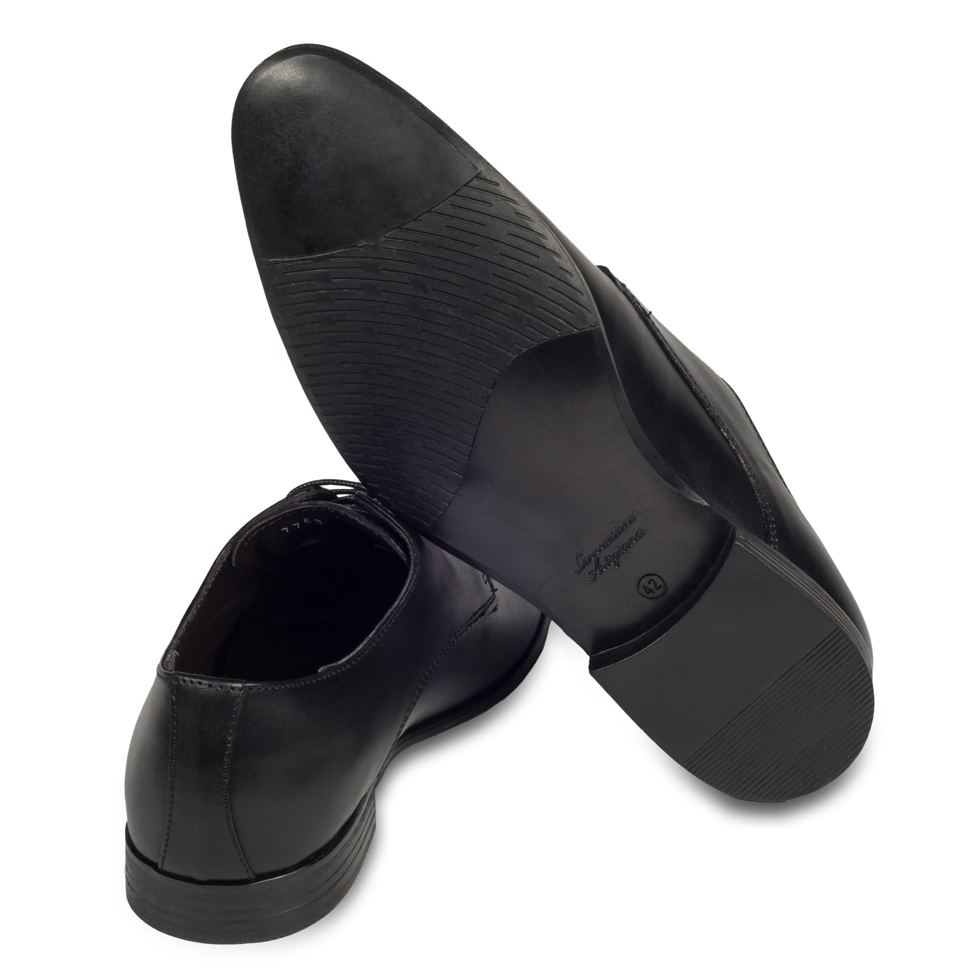 Nicola Benson Anzugschuhe Herren, Plain Derby Schnürer schwarz - Kalbsleder, handgefertigt. Made in Italy. Ansicht der Ferse und Sohlenunterseite.