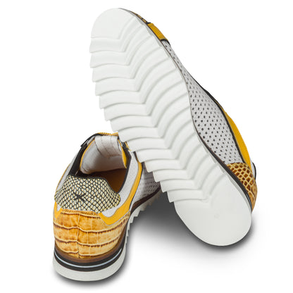 LORENZI Sneaker Herren weiß/gelb - Reptilprägung & Perforierung, Kalbsleder, handgefertigt