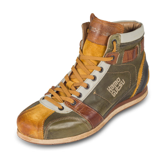 KAMO-GUTSU Retro Sneaker Stiefel Herren grün/gelb - Leder stone-washed (TIFO-112 ocra + foresta)