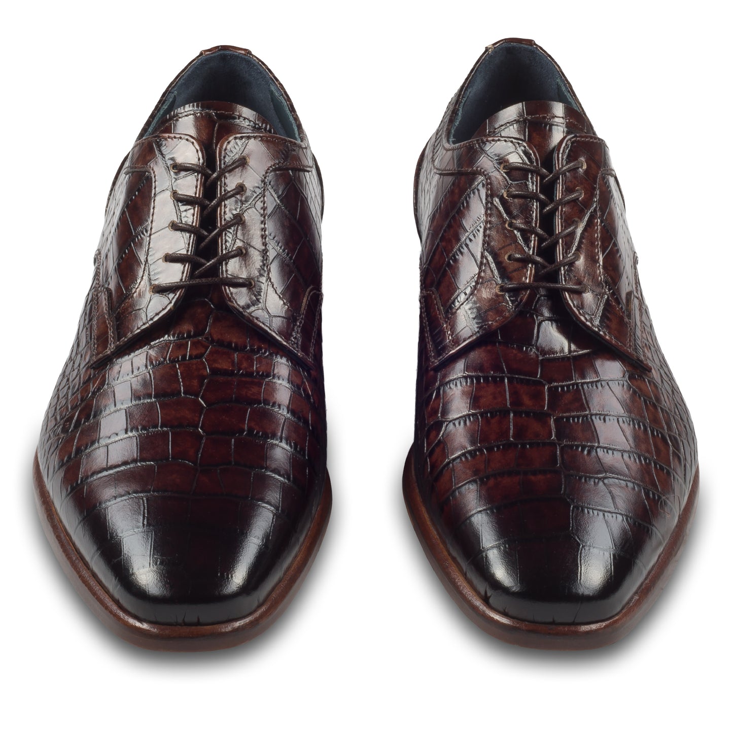 LORENZI Derby Schnürer braun - Kalbsleder in Kroko-Optik, durchgenäht - extravagant