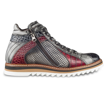 LORENZI Sneaker Stiefel Herren grau/rot/schwarz, Kalbsleder mit Krokoprägung, Reißverschluß, handgefertigt