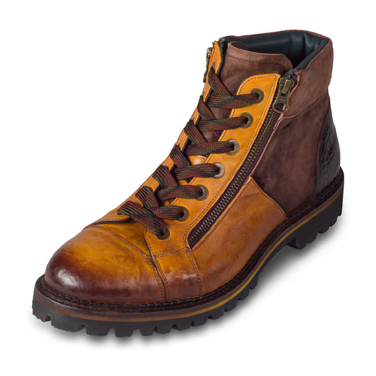 LORENZI Schnürstiefelette Herren mit Reißverschluß, braun - Kalbsleder stone-washed, handgefertigt