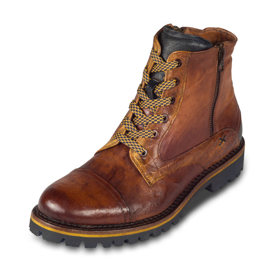 Lorenzi | Leder Schnür-Boots / Stiefelette cognac braun mit Lammfell, stonewashed. Durchgenäht.