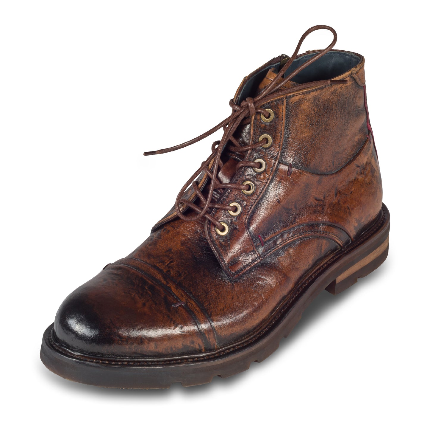 LORENZI Schnürstiefelette Herren mit Reißverschluß braun - Kalbsleder Vintage-Look, handgefertigt