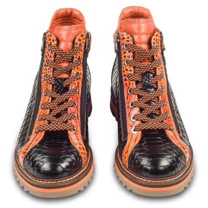 LORENZI Sneaker Stiefel Herren schwarz/orange, Kalbsleder mit Krokoprägung, Reißverschluß, handgefertigt