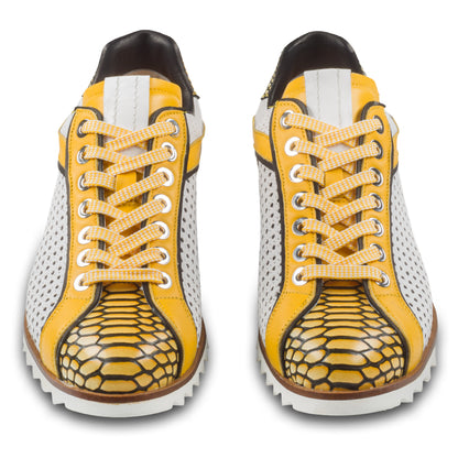 LORENZI Sneaker Herren weiß/gelb - Reptilprägung & Perforierung, Kalbsleder, handgefertigt