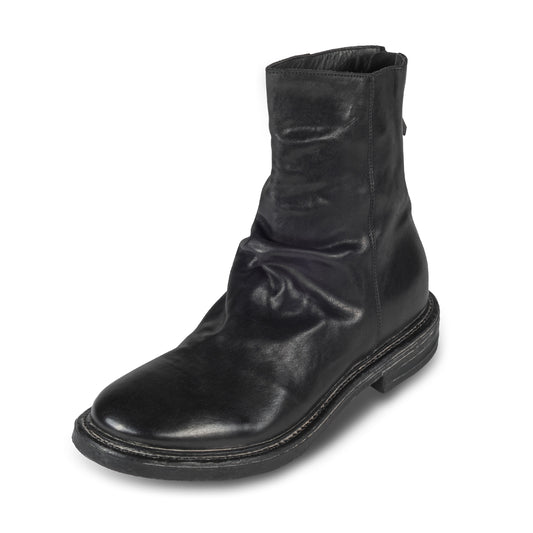 MOMA Stiefelette Herren mit Reißverschluß hinten, schwarz - Kalbsleder used-Look mit Raffung, handgefertigt