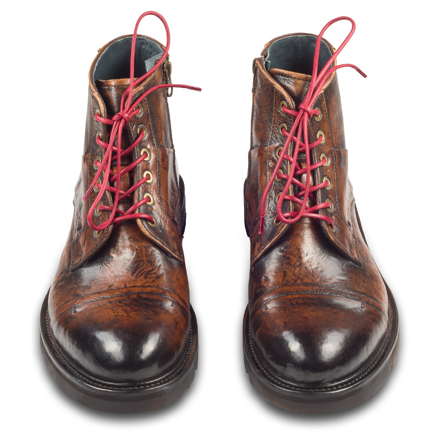LORENZI Schnürstiefelette Herren mit Reißverschluß braun - Kalbsleder Vintage-Look, handgefertigt