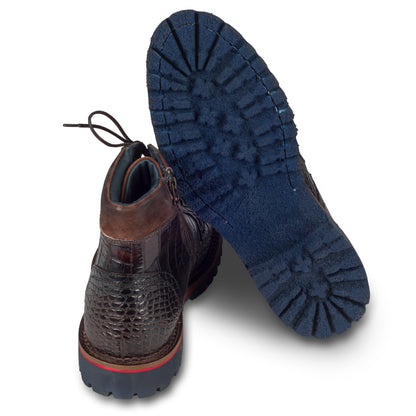 LORENZI Schnürstiefelette Herren mit Reißverschluß und Ziernaht, dunkel braun - Kalbsleder mit Krokoprägung, handgefertigt