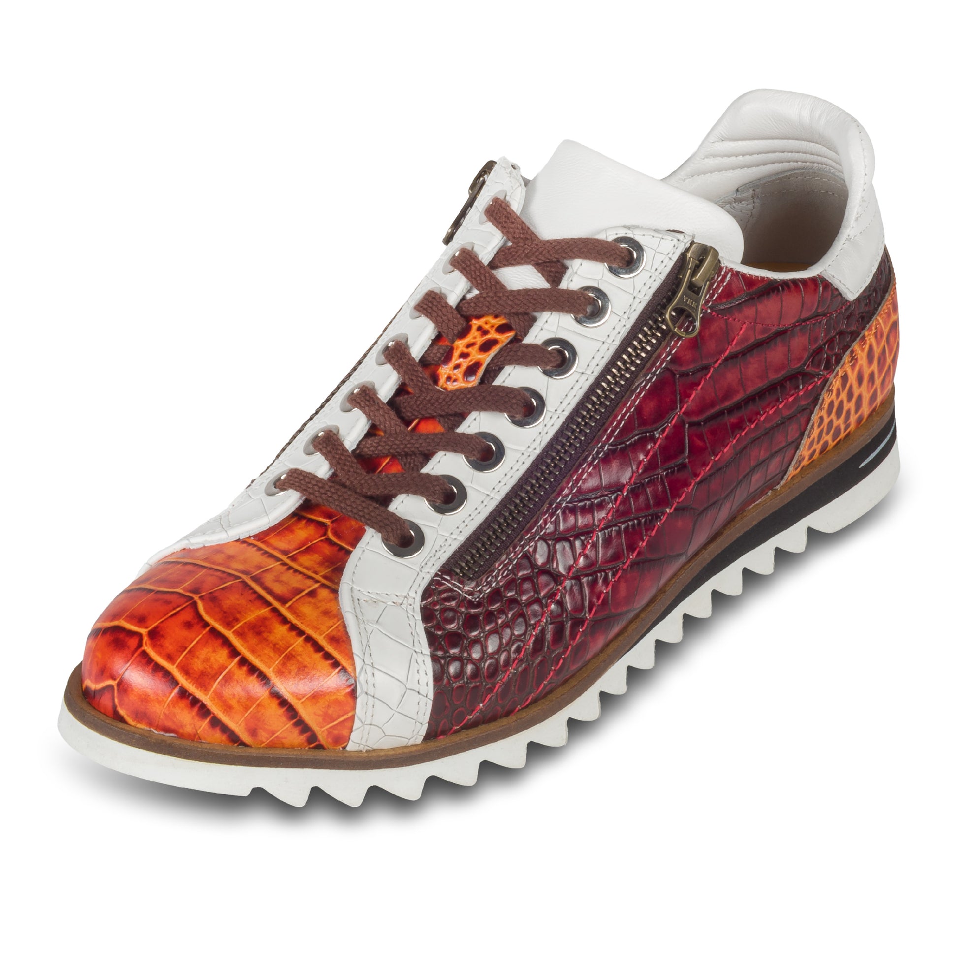 LORENZI Sneaker Herren rot/orange/weiß - Kalbsleder mit Reptilprägung, Reißverschluß. Ansicht linker Schuh schräg mit braunen Schnürsenkeln