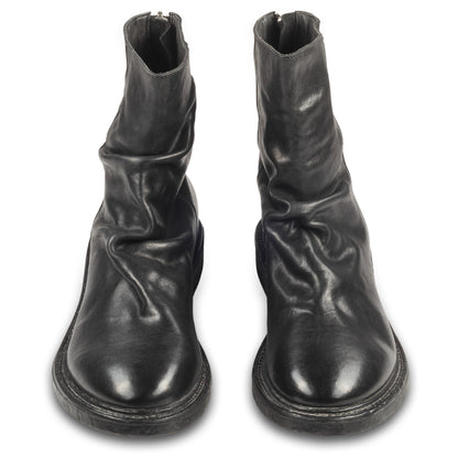 MOMA Stiefelette Herren mit Reißverschluß hinten, schwarz - Kalbsleder used-Look mit Raffung, handgefertigt