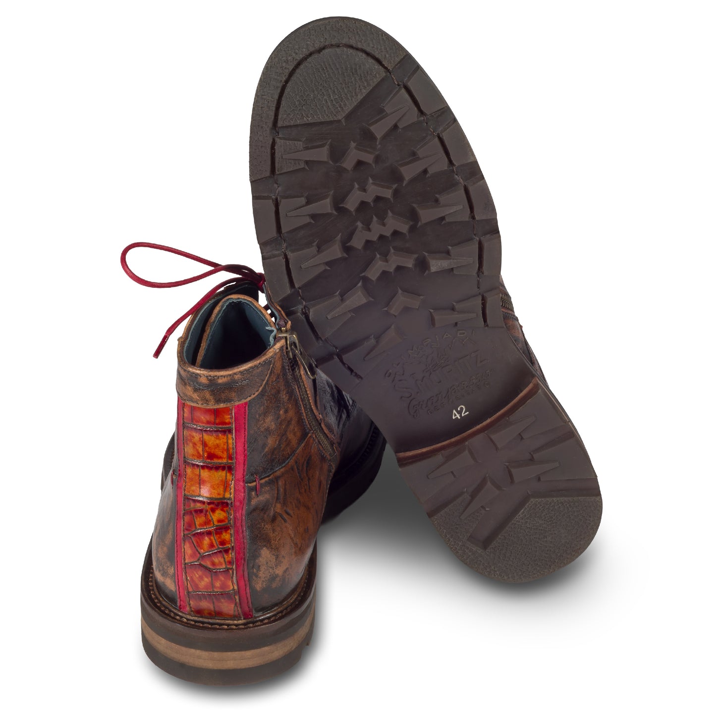 LORENZI Schnürstiefelette Herren mit Reißverschluß braun - Kalbsleder Vintage-Look, handgefertigt