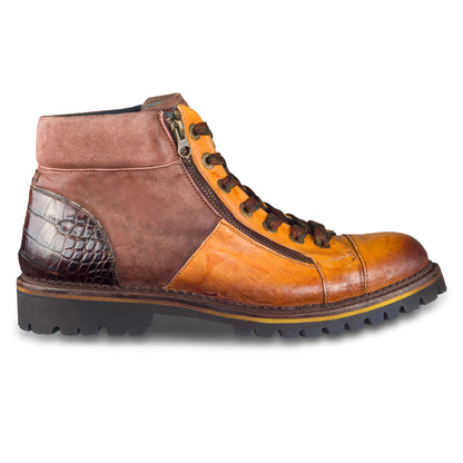 LORENZI Schnürstiefelette Herren mit Reißverschluß, braun - Kalbsleder stone-washed, handgefertigt