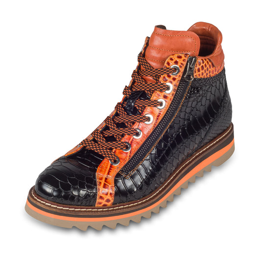 LORENZI Sneaker Stiefel Herren schwarz/orange, Kalbsleder mit Krokoprägung, Reißverschluß, handgefertigt
