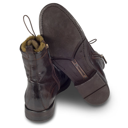 LEMARGO | Winterstiefelette Herren mit Lammfell & Reißverschluß dunkelbraun "ebano" - Kalbsleder stonewashed, durchgenäht