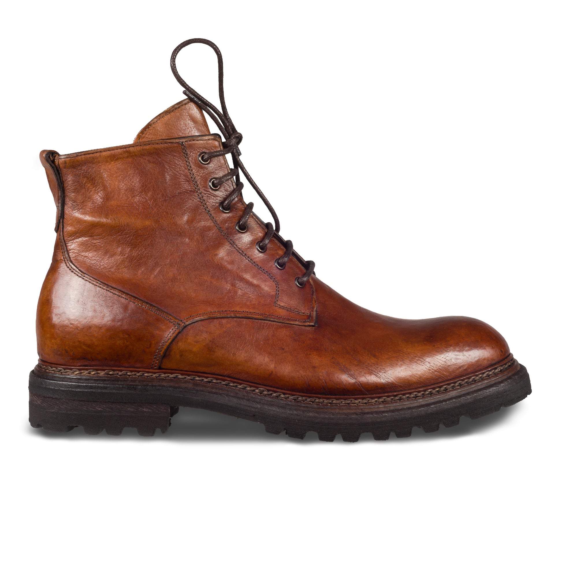 BRECOS Büffel-Leder Schnür-Boots mit Reißverschluß, cognak braun