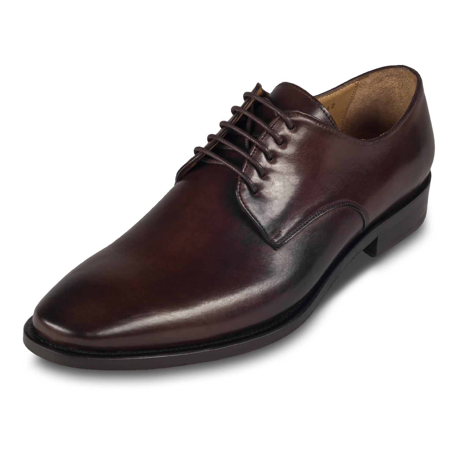 BRECOS – Italienische Herren Anzugschuhe, Plain Derby Schnürer in dunkel braun. Handgefertigt und durchgenäht. Schräge Ansicht linker Schuh.