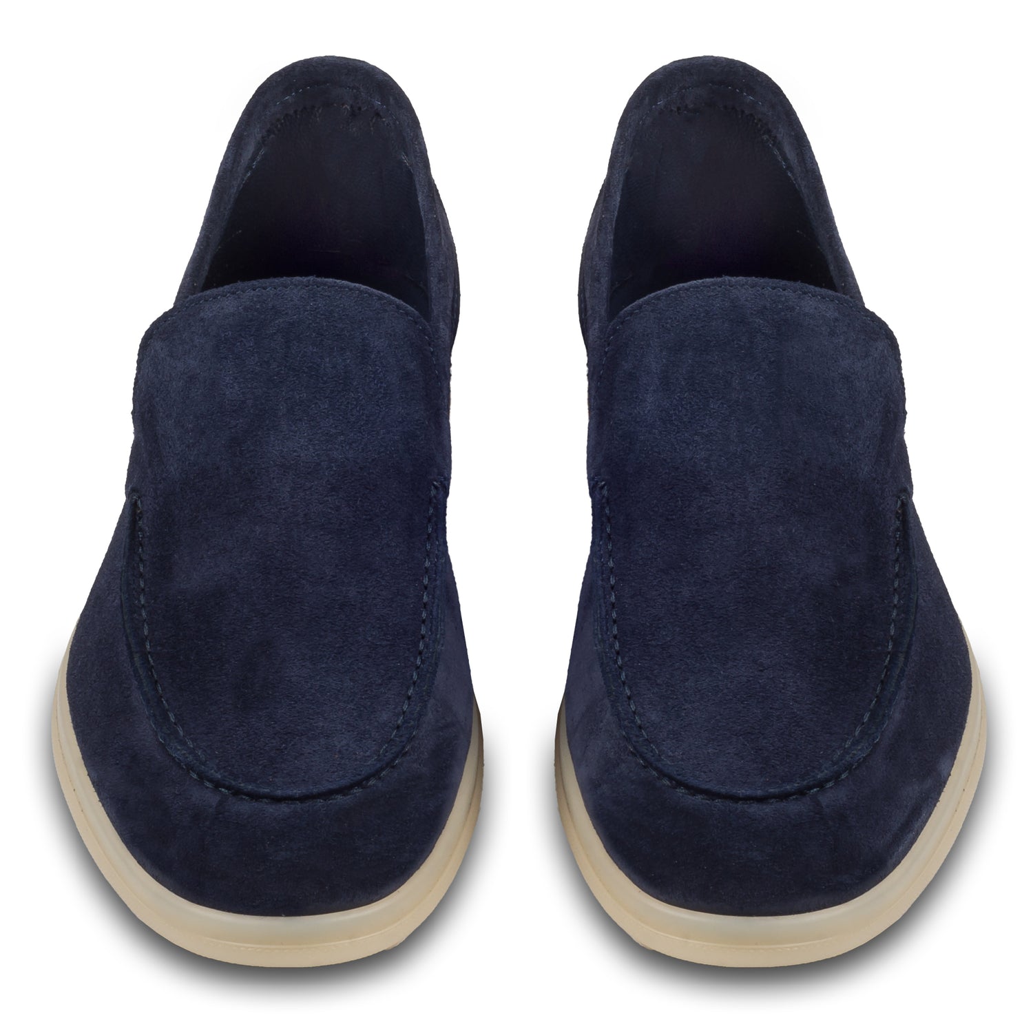 Brecos Italienische Herren-Loafer aus weichem Veloursleder in blau. Mit leichter Gummisohle.  Handgefertigt in Italien. Paarweise Ansicht von vorne.  