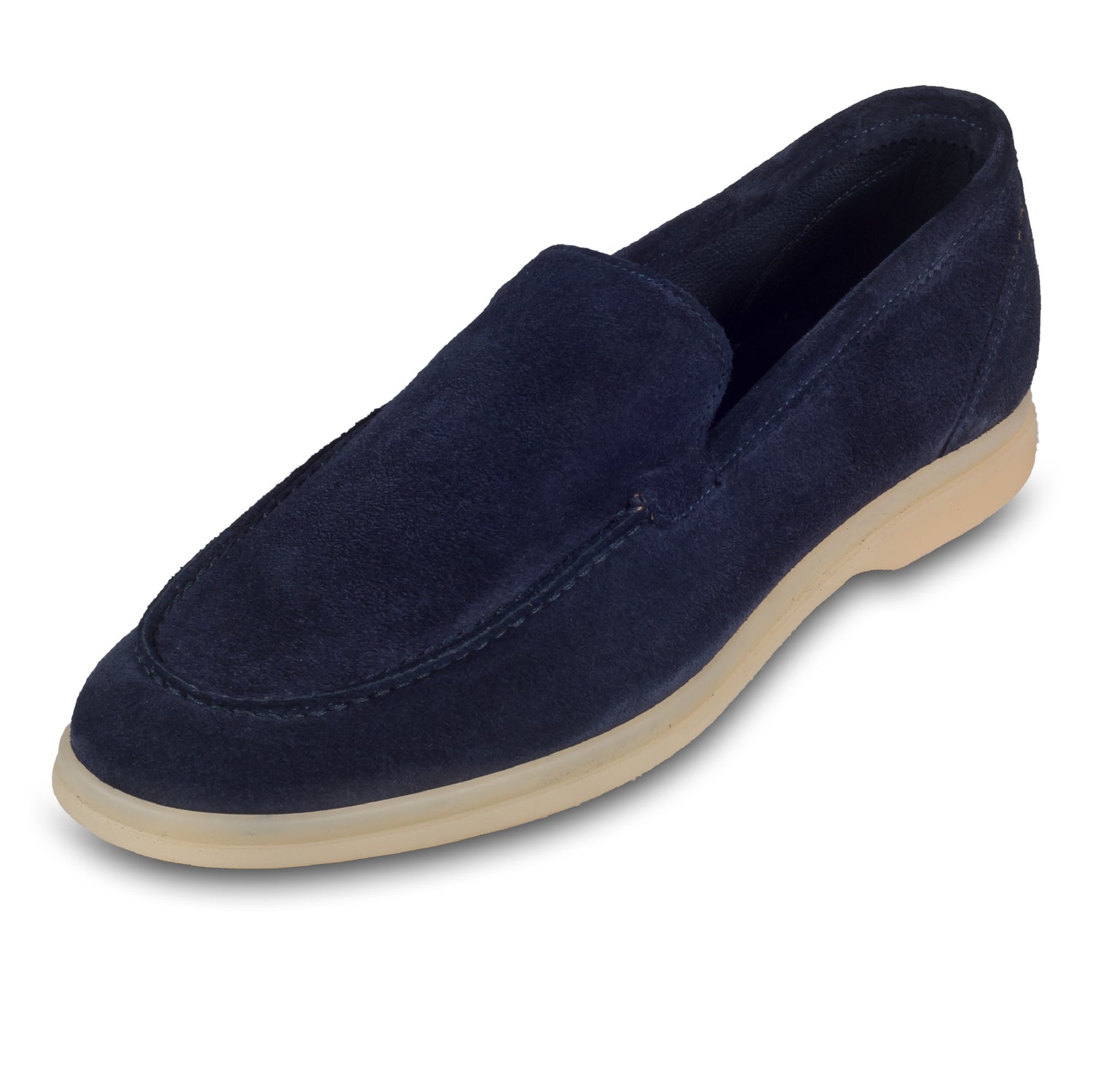Brecos Italienische Herren-Loafer aus weichem Veloursleder in blau. Mit leichter Gummisohle.  Handgefertigt in Italien. Schräge Ansicht linker Schuh.