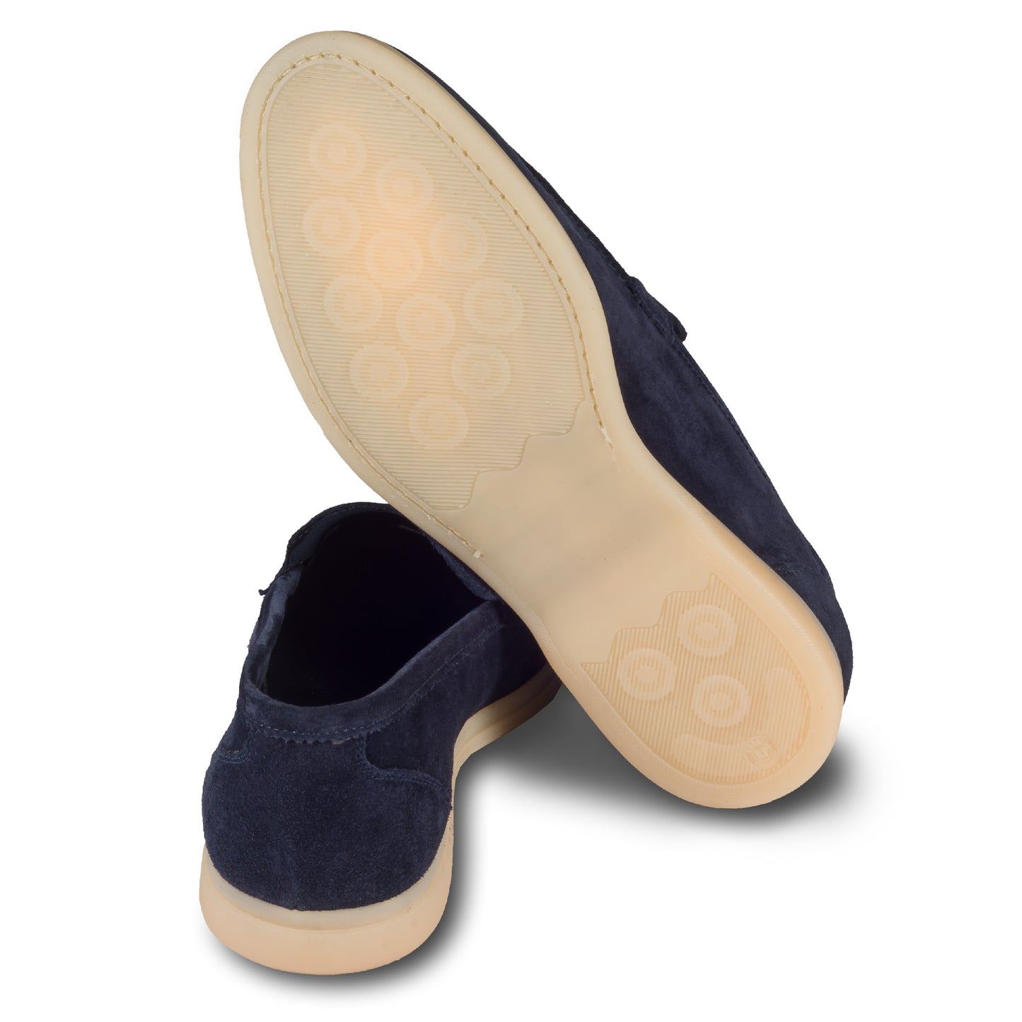Brecos Italienische Herren-Loafer aus weichem Veloursleder in blau. Mit leichter Gummisohle.  Ansicht der Ferse und Sohlenunterseite. 