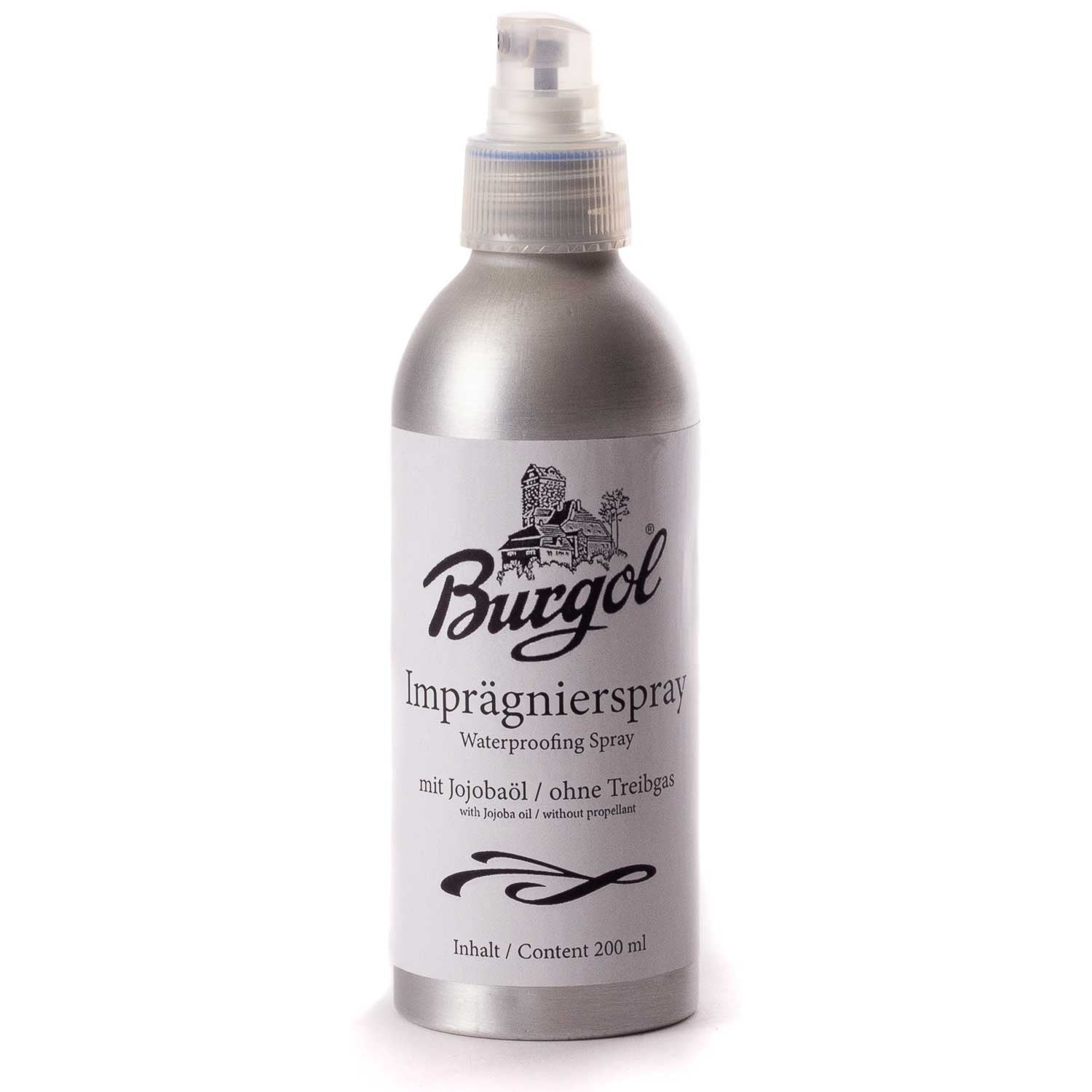 Burgol Imprägnierspray in der Aluminium-Pumpsprayflasche, ohne Treibgas. Inhalt 200 Milliliter