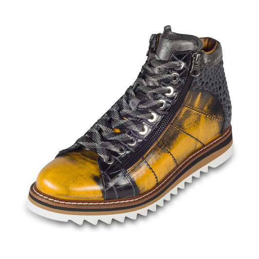 LORENZI Sneaker Stiefel Herren gelb/schwarz, Kalbsleder used-look, Reißverschluß, handgefertigt
