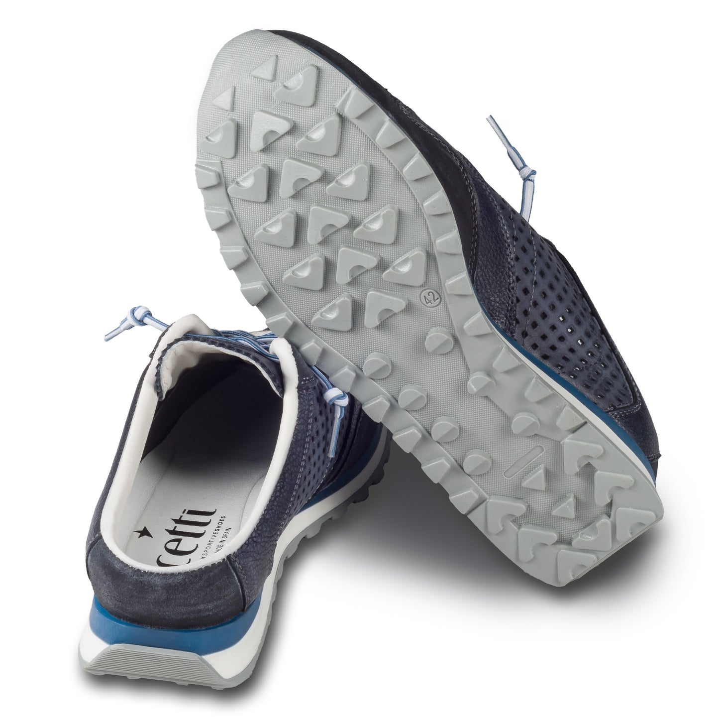 CETTI Herren Leder Sneaker-Mule, Modell „C848“ in dunkelblau / grau (used tin antracita), Made in Spain. Ansicht der Ferse und Sohlenunterseite. Ansicht der Ferse und Sohlenunterseite. 