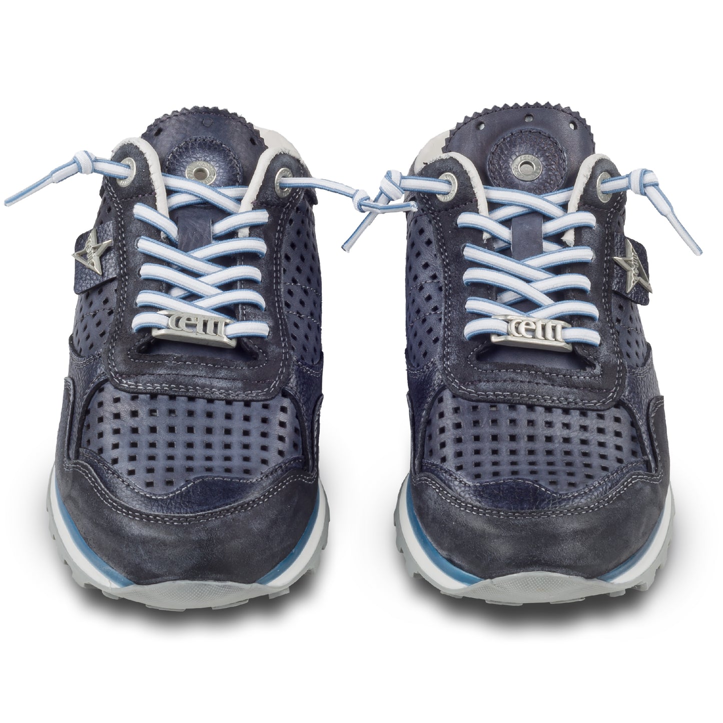 CETTI Herren Leder Sneaker-Mule, Modell „C848“ in dunkelblau / grau (used tin antracita), Made in Spain. Ansicht der Ferse und Sohlenunterseite. Paarweise Ansicht von vorne.  