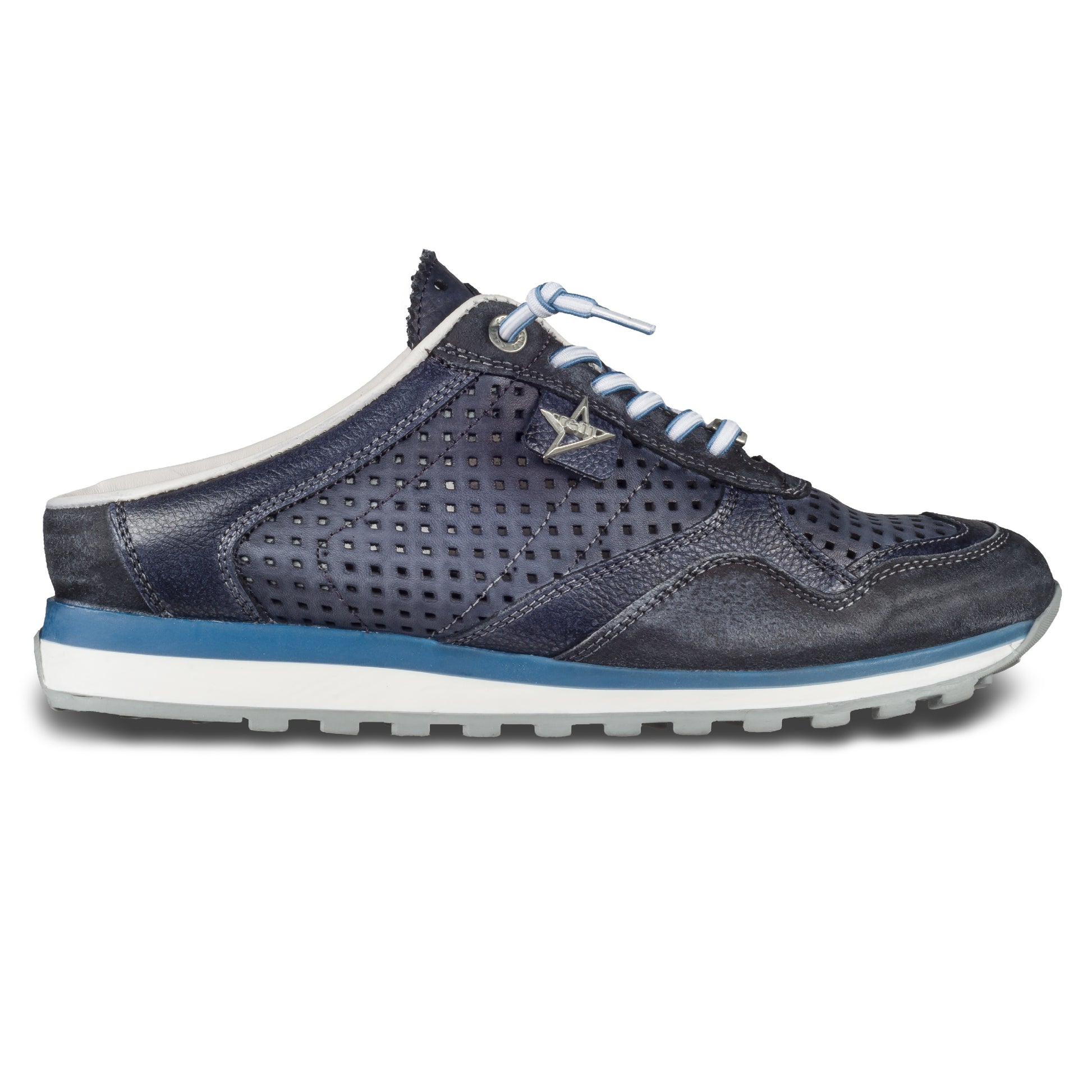 CETTI Herren Leder Sneaker-Mule, Modell „C848“ in dunkelblau / grau (used tin antracita), Made in Spain. Ansicht der Außenseite rechter Schuh. 