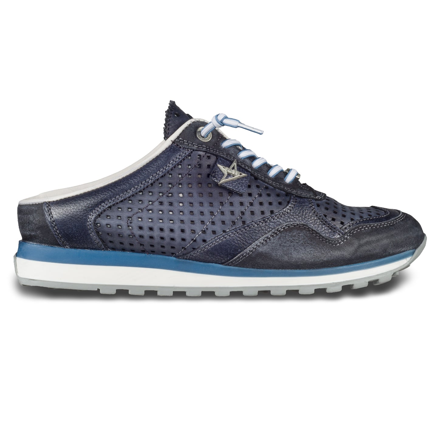 CETTI Herren Leder Sneaker-Mule, Modell „C848“ in dunkelblau / grau (used tin antracita), Made in Spain. Ansicht der Ferse und Sohlenunterseite. Ansicht der Außenseite rechter Schuh. 