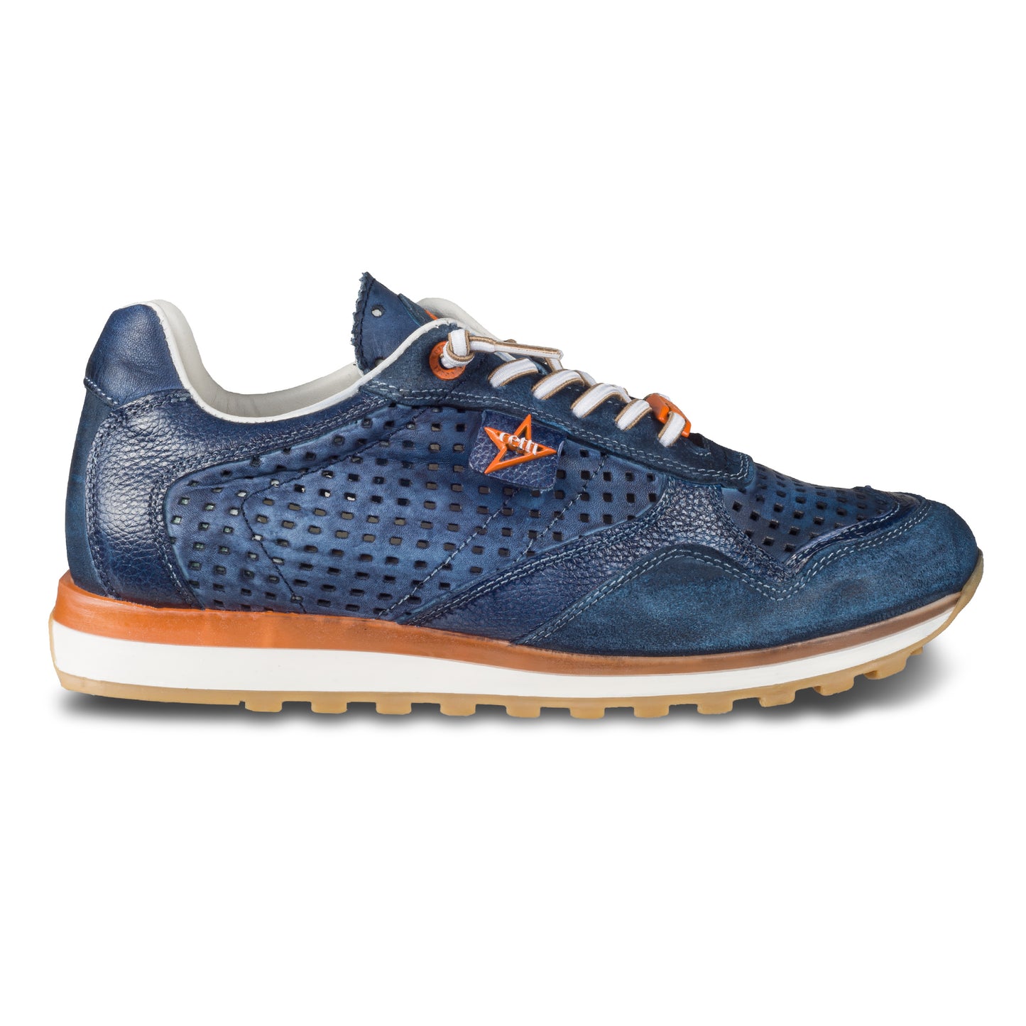 CETTI Herren Sommer Leder Sneaker, Modell „C848“ in dunkel blau (used tin navy). Perforiertes Leder. Made in Spain. Außemseite rechter Schuh.