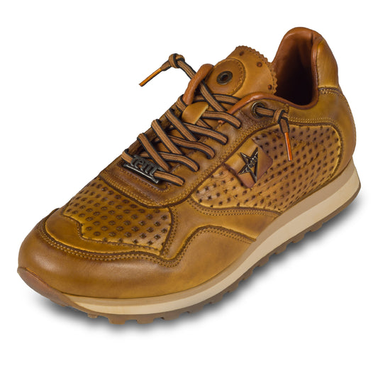 CETTI Herren Kalbsleder Sneaker, Modell „C-848“ in cognak braun (nature tin orujo). Handgefertigt in Spanien. Schräge Ansicht linker Schuh.