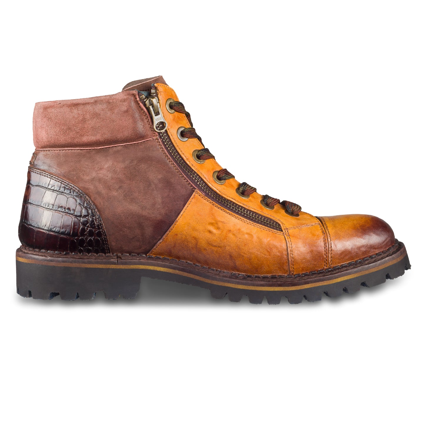 LORENZI Schnürstiefelette Herren mit Reißverschluß, braun - Kalbsleder stone-washed, handgefertigt