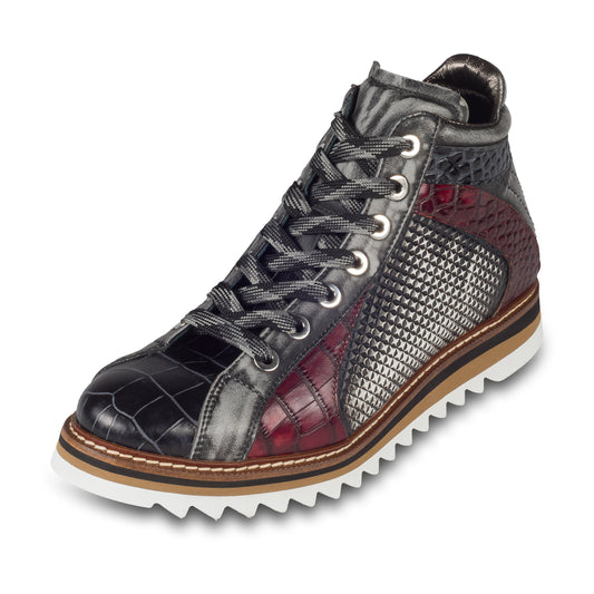 LORENZI Sneaker Stiefel Herren grau/rot/schwarz, Kalbsleder mit Krokoprägung, Reißverschluß, handgefertigt