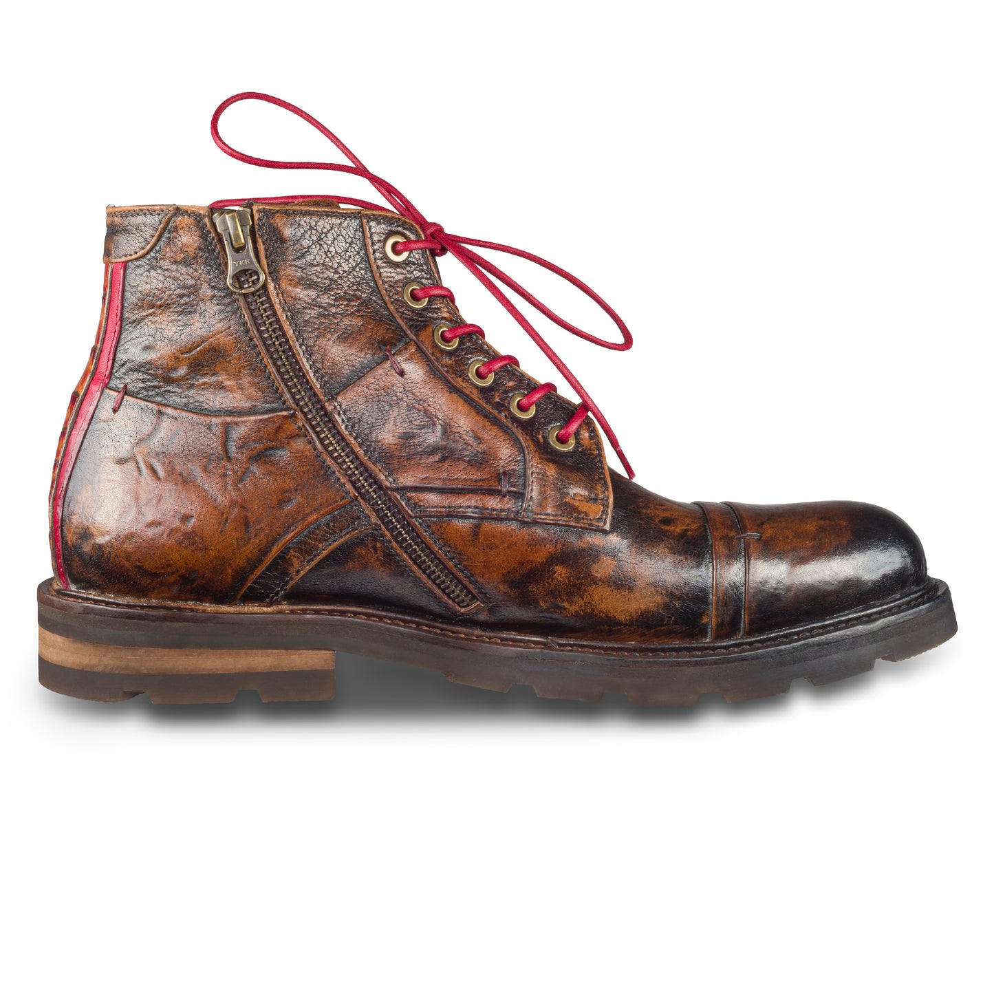 LORENZI Schnürstiefelette Herren mit Reißverschluß braun - Kalbsleder Vintage-Look, handgefertigt