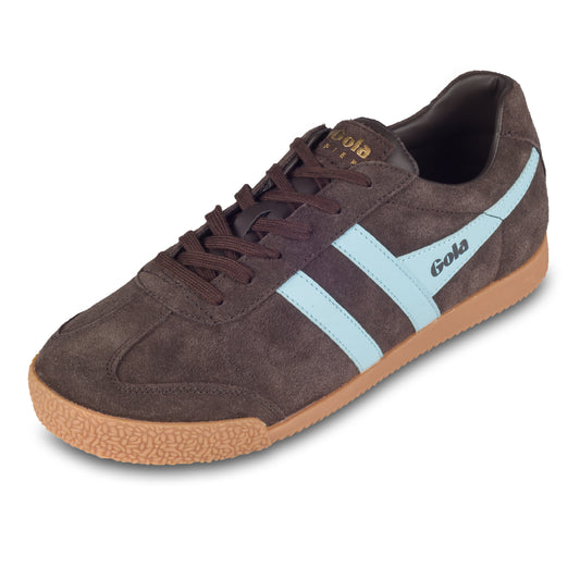 GOLA Herren Sneaker Harrier Suede, braun/blau. Modell CMA192 Dark-Brown-Pale-Blue. Schräge Ansicht linker Schuh. 