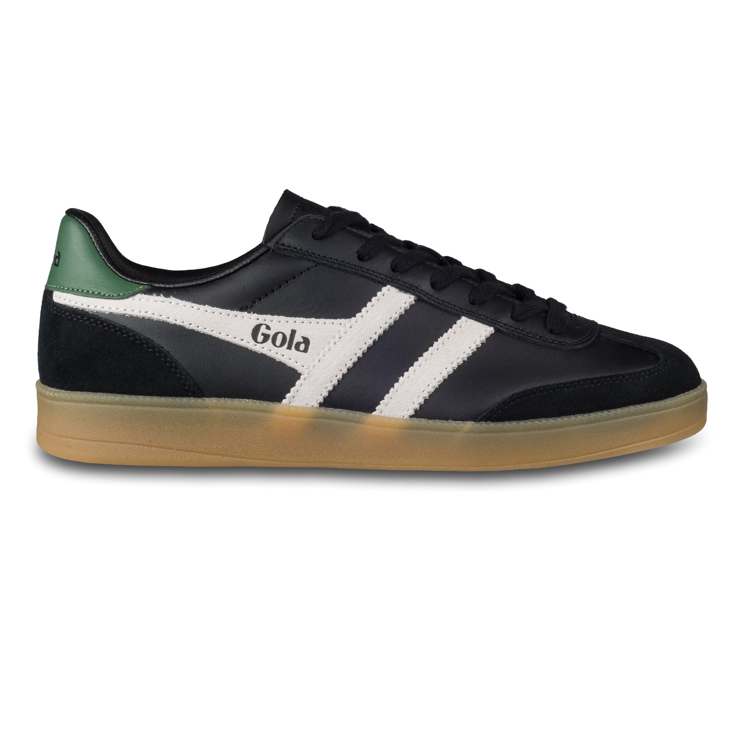 GOLA Herren Sneaker Viper Leather, schwarz/weiß/grün. Modell CMB744 Black/Off White/Evergreen/Gum. Ansicht der Außenseite rechter Schuh. 