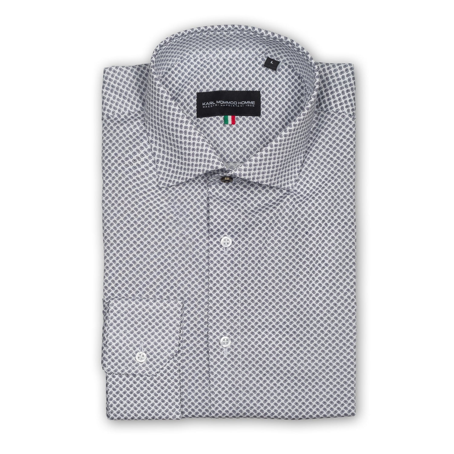 Karl Mommoo - Italienisches Herren-Hemd, weiß mit dunkelgrauem Paisley-Muster, Baumwolle mit Elasthan, Modern Fit. 