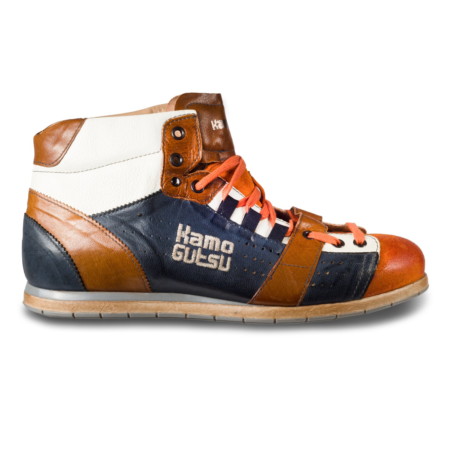 KAMO-GUTSU Herren Leder Sneaker Stiefel blau / orange, High-Top, stone-washed. Modell TIFO-105 arancio + navy. Handgefertigt in Italien. Ansicht der Außenseite rechter Schuh. 