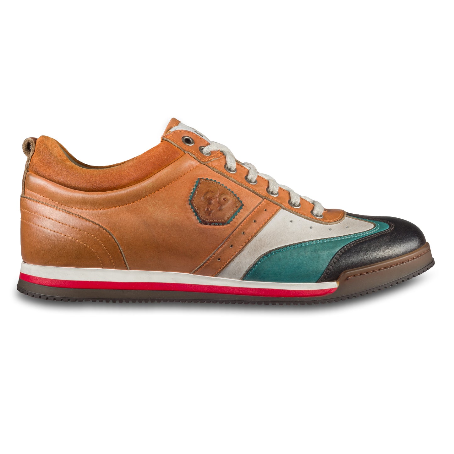 KAMO-GUTSU Herren Leder Sneaker orange / weiß / türkis / grau, Retro-Optik. Modell SCUDO-005 siena combi. Handgefertigt in Italien. Ansicht der Außenseite rechter Schuh. 