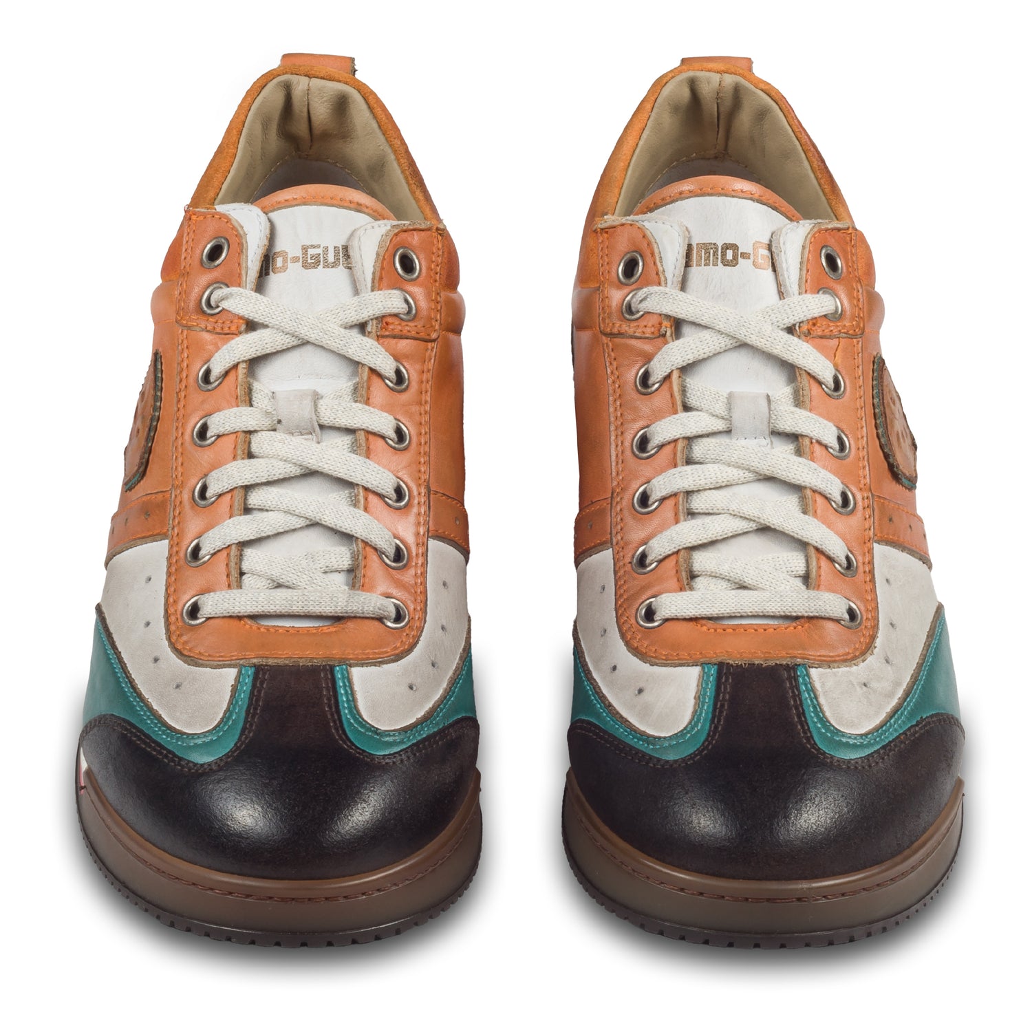 KAMO-GUTSU Herren Leder Sneaker orange / weiß / türkis / grau, Retro-Optik. Modell SCUDO-005 siena combi. Handgefertigt in Italien. Paarweise Ansicht von vorne.  