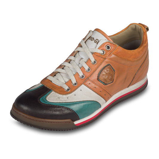 KAMO-GUTSU Herren Leder Sneaker orange / weiß / türkis / grau, Retro-Optik. Modell SCUDO-005 siena combi. Handgefertigt in Italien. Schräge Ansicht linker Schuh.