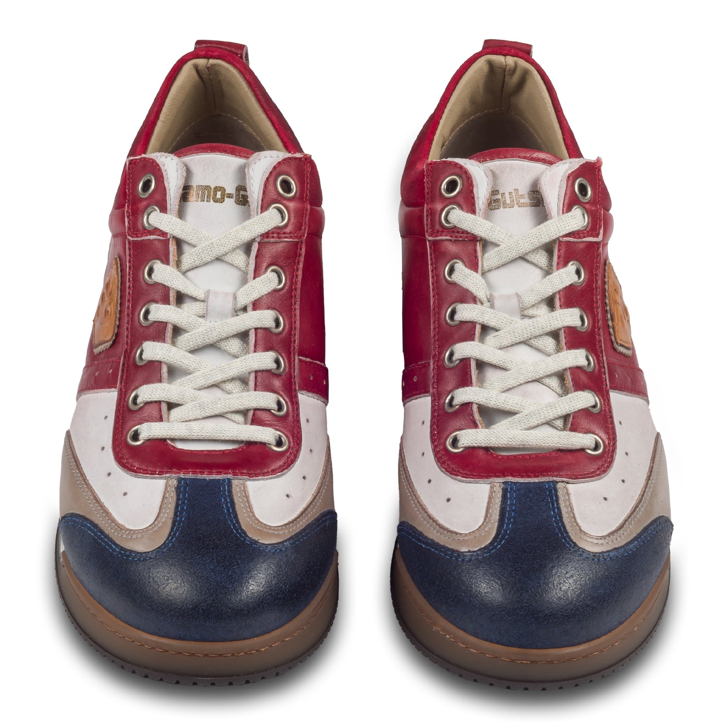 KAMO-GUTSU Herren Leder Sneaker rot / weiß / blau / grau, Retro-Optik. Modell SCUDO-005 rosso combi. Handgefertigt in Italien. Paarweise Ansicht von vorne.  