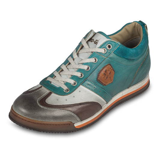 KAMO-GUTSU Herren Leder Sneaker türkis blau / weiß / braun / grau, Retro-Optik. Modell SCUDO-005 sugar combi. Handgefertigt in Italien. Schräge Ansicht linker Schuh.