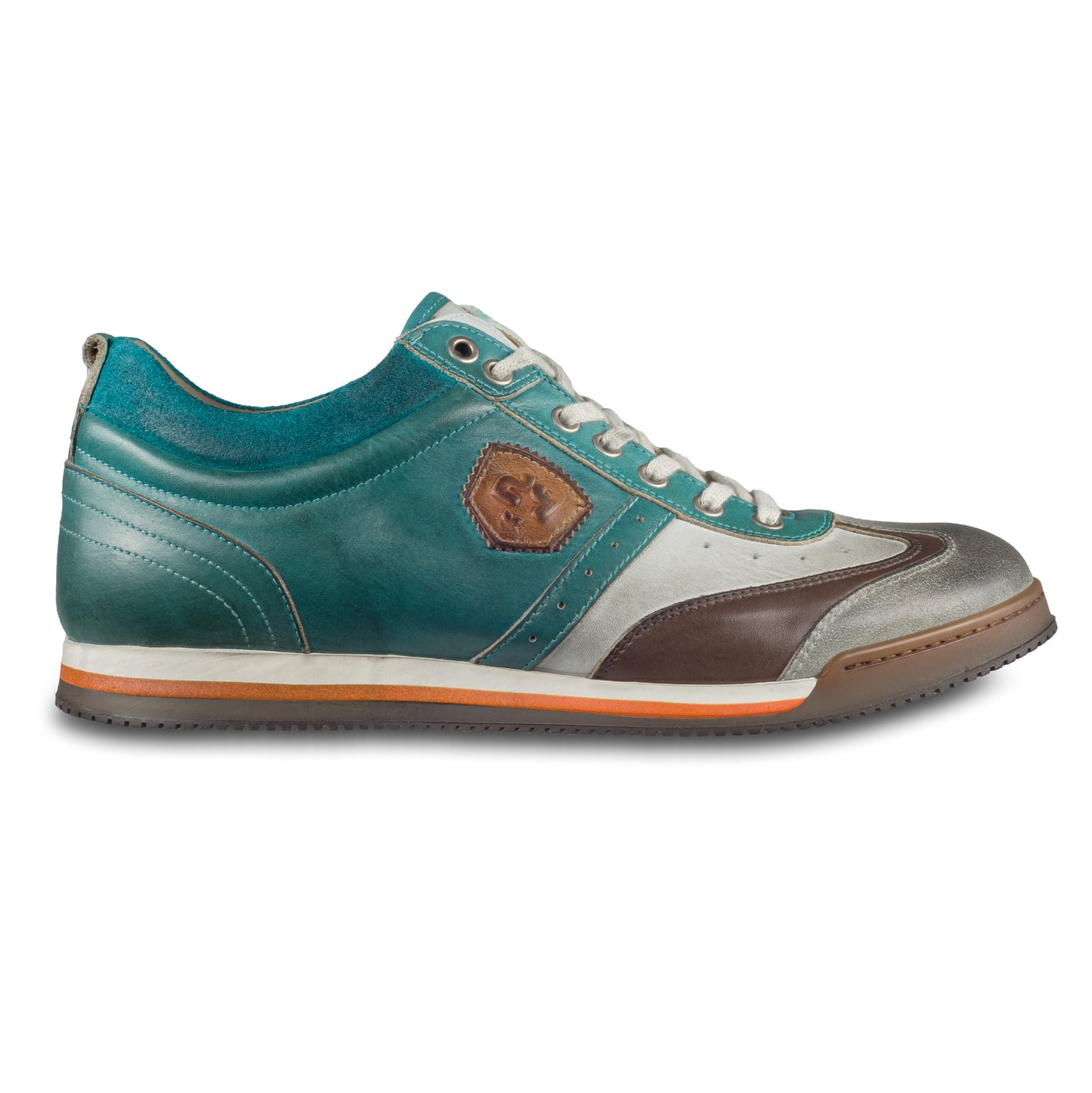 KAMO-GUTSU Herren Leder Sneaker türkis blau / weiß / braun / grau, Retro-Optik. Modell SCUDO-005 sugar combi. Handgefertigt in Italien. Ansicht der Außenseite rechter Schuh. 