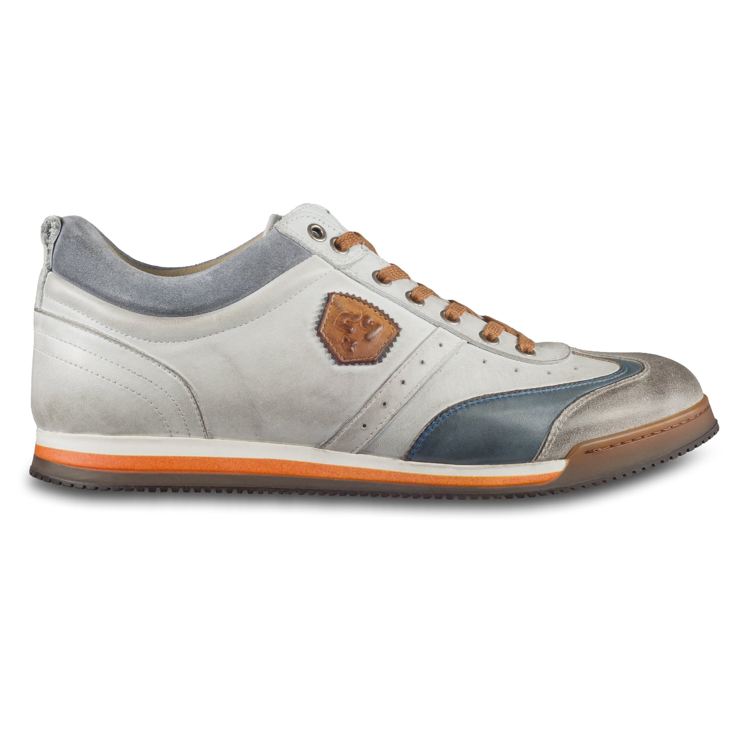KAMO-GUTSU Herren Leder Sneaker weiß / grau / blau, Retro-Optik. Modell SCUDO-005 bianco combi. Handgefertigt in Italien. Ansicht der Außenseite rechter Schuh. 