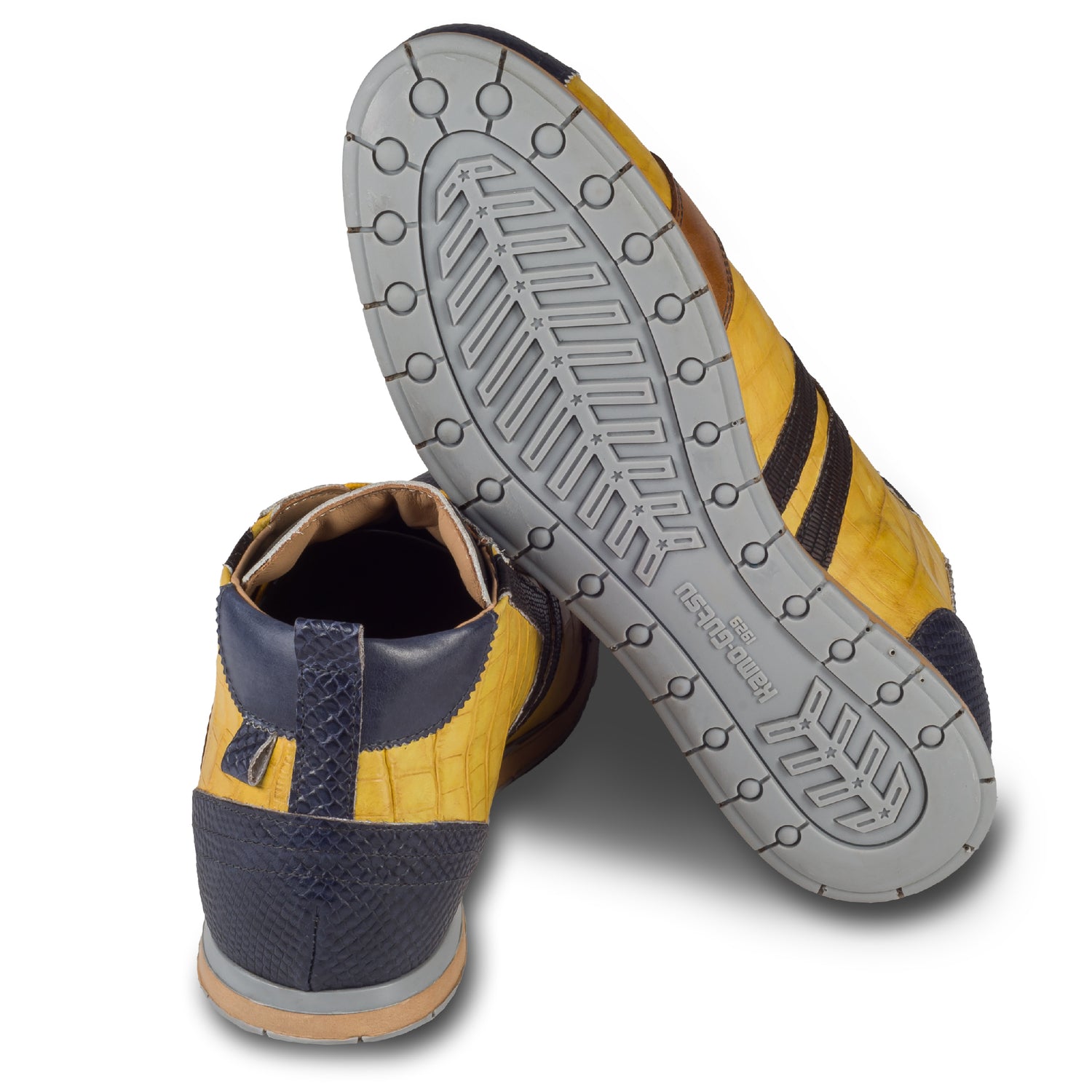 KAMO-GUTSU Herren Leder Sneaker in blau / gelb, Kroko-Optik, knöchelhoch. Modell TIFO-130 blu + lemon + taupe. Handgefertigt in Italien. Ansicht der Ferse und Sohlenunterseite. 