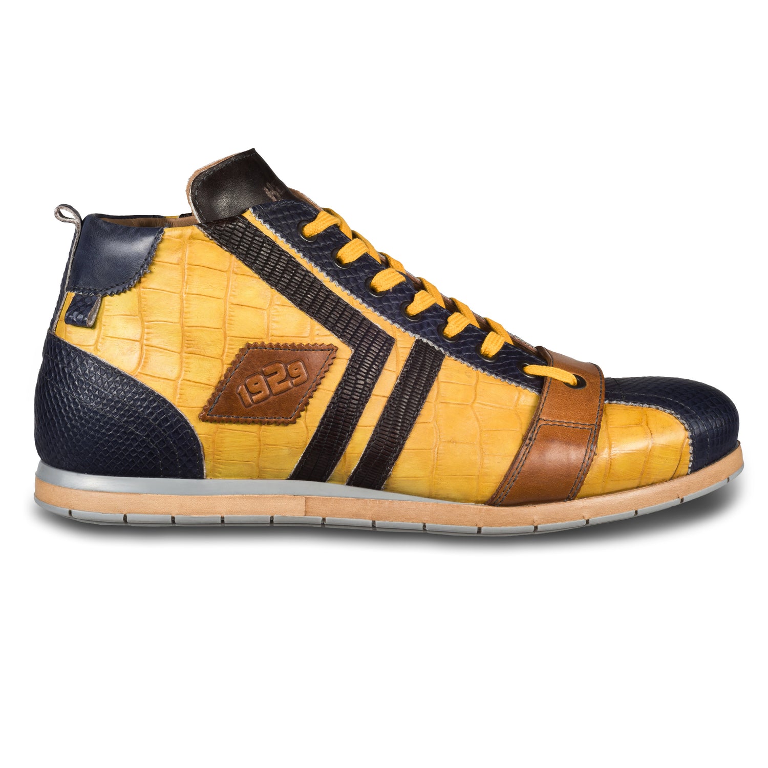 KAMO-GUTSU Herren Leder Sneaker in blau / gelb, Kroko-Optik, knöchelhoch. Modell TIFO-130 blu + lemon + taupe. Handgefertigt in Italien. Ansicht der Außenseite rechter Schuh. 