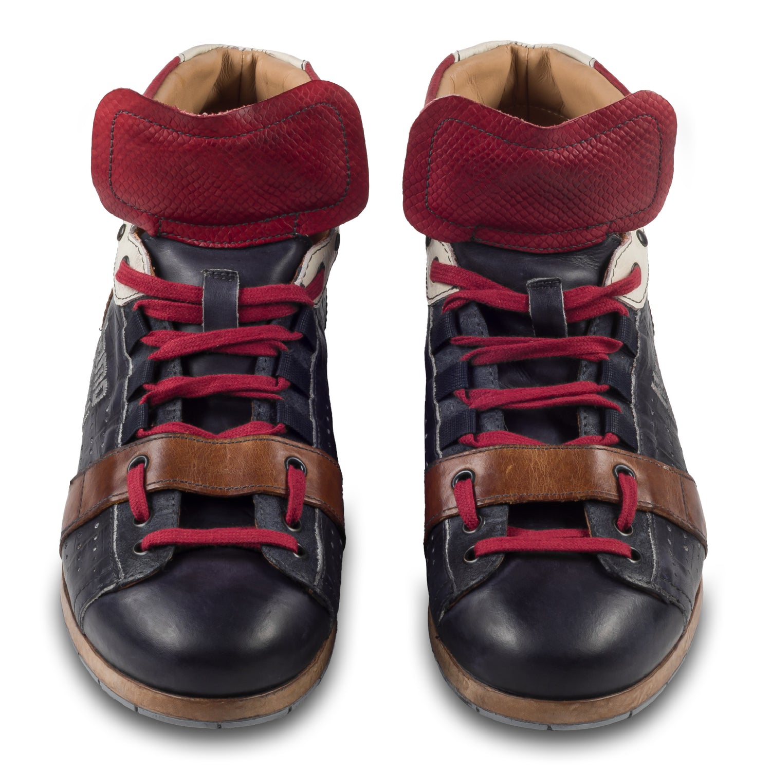 KAMO-GUTSU Italienischer Herren Leder Sneaker Stiefel, blau rot braun, Retro-Optik, Modell TIFO-105 navy mamba rosso. Handgefertigt. Paarweise Ansicht von vorne.
