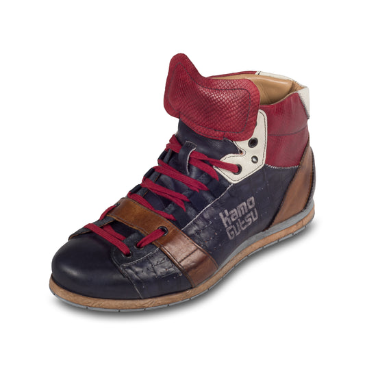 KAMO-GUTSU Italienischer Herren Leder Sneaker Stiefel, blau rot braun, Retro-Optik, Modell TIFO-105 navy mamba rosso. Handgefertigt. Schräge Ansicht linker Schuh.